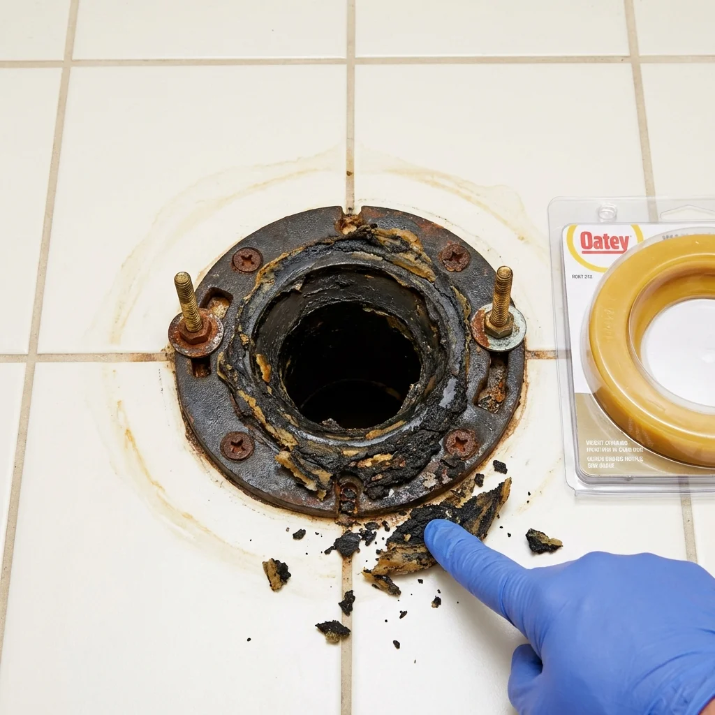 Failed wax ring showing water seepage at the base of a toilet in a Elgin, SC home